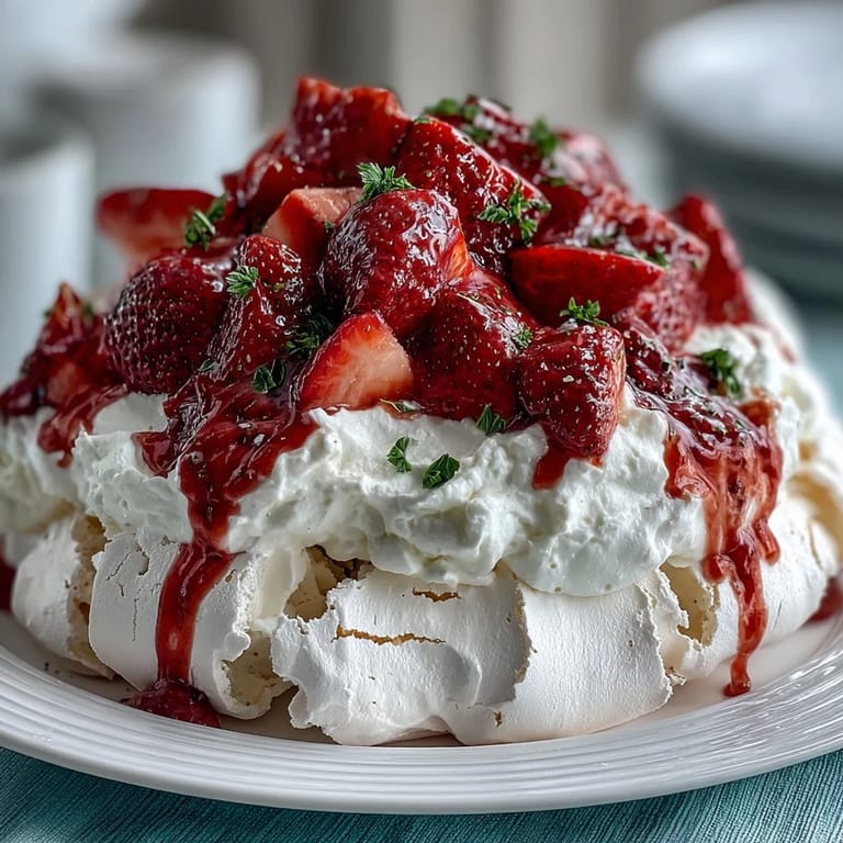 Strawberry Pavlova with Whipped Cream: Delicate, golden-brown meringue nest filled with silky whipped cream and vibrant red strawberries.