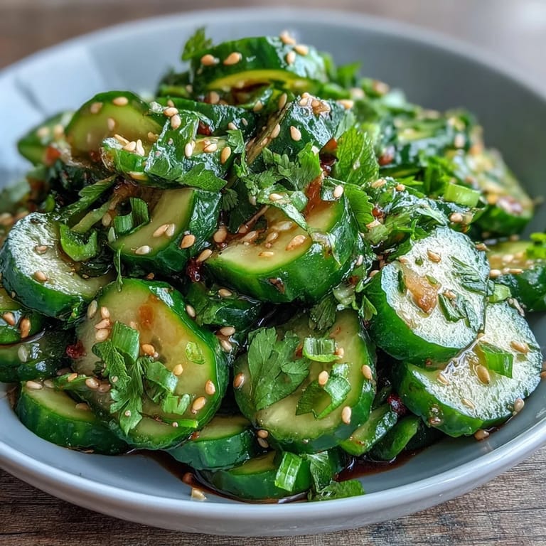 Tangy Asian cucumber salad with sesame and rice vinegar, garnished with green onions and a hint of chili flakes.