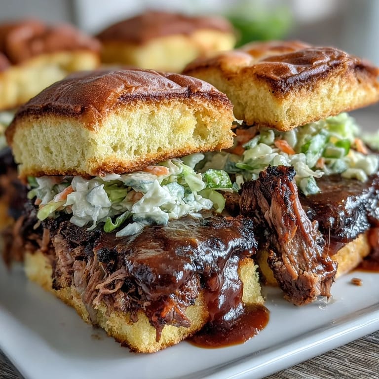 2. Tender beef brisket piled high on slider buns, topped with crunchy slaw and rich BBQ sauce for a party-perfect bite.  