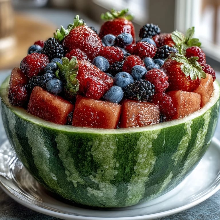 Elegant watermelon boat filled with colorful berries, mint, and optional fruits—ideal centerpiece for parties or brunch buffets.