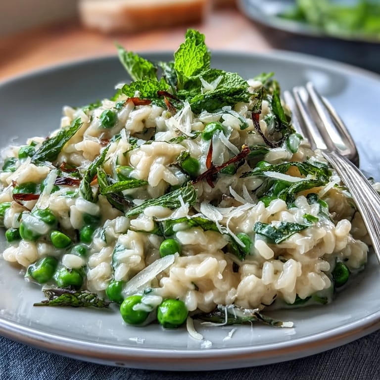 Fresh pea and mint risotto with Parmesan, a bright and aromatic dish perfect for a seasonal vegetarian main.