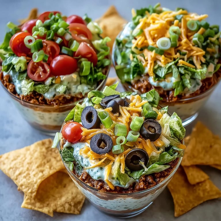 Individual Easy Taco Dip Cups topped with lettuce, tomatoes, and olives, ideal for easy serving at gatherings or game day.