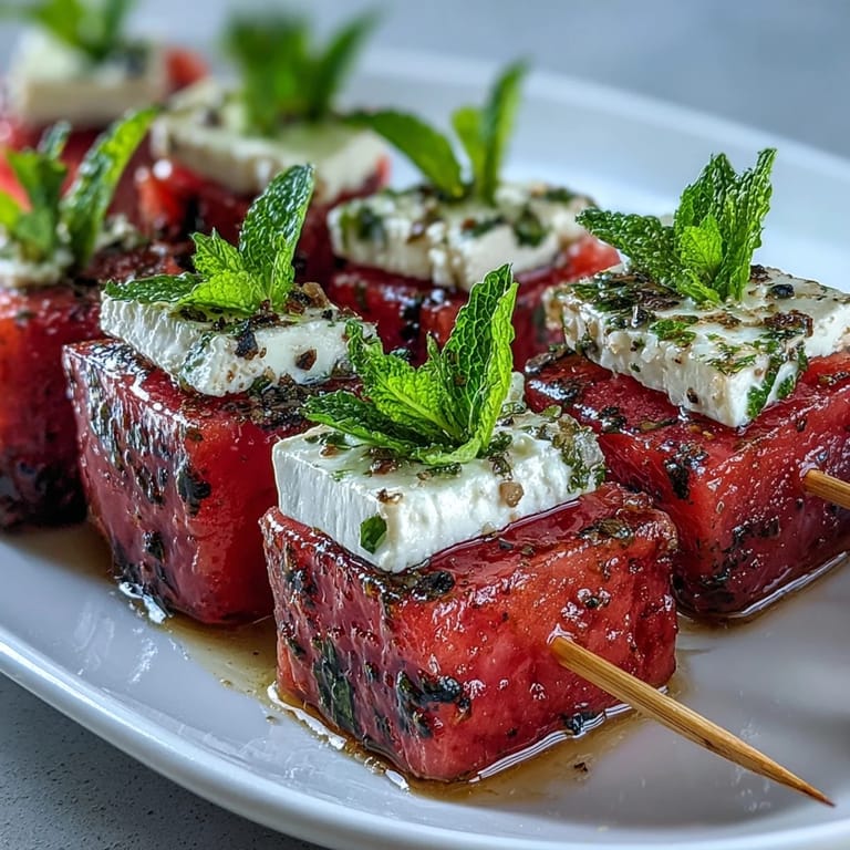 Refreshing watermelon feta mint skewers, perfect for summer parties and light appetizers with fresh mint leaves.  