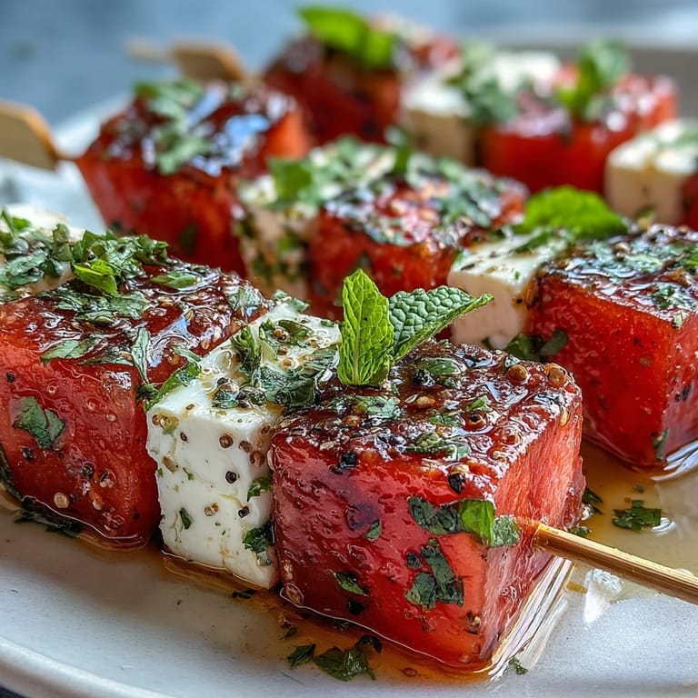 Colorful watermelon feta mint skewers arranged on a platter, offering a sweet-savory Mediterranean flavor combination.