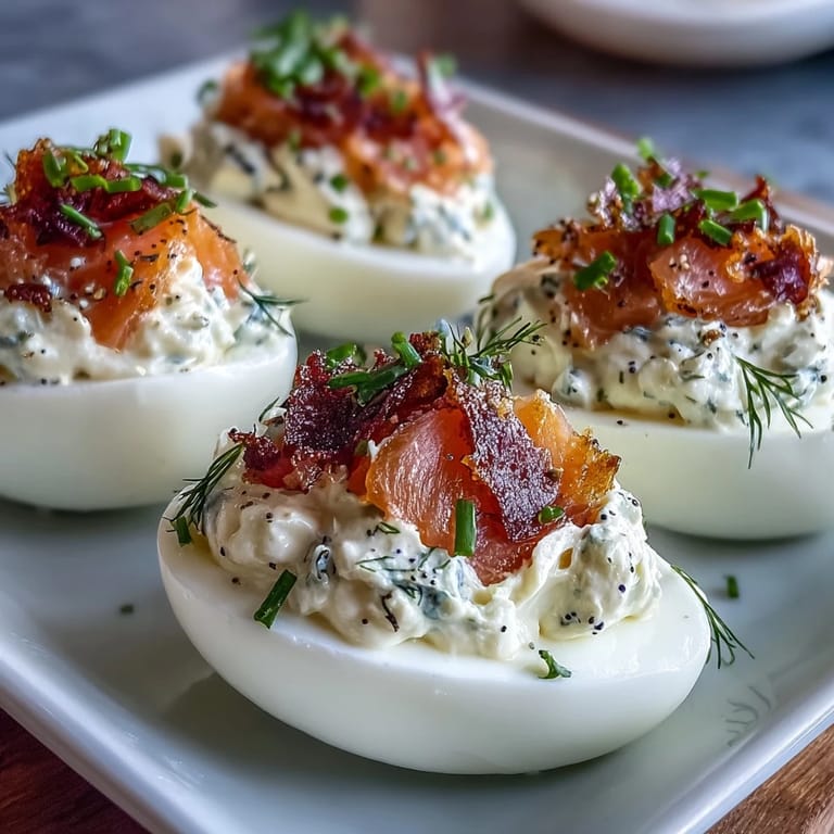 Smoked salmon deviled eggs garnished with everything bagel seasoning, chives, and dill—a perfect party appetizer.