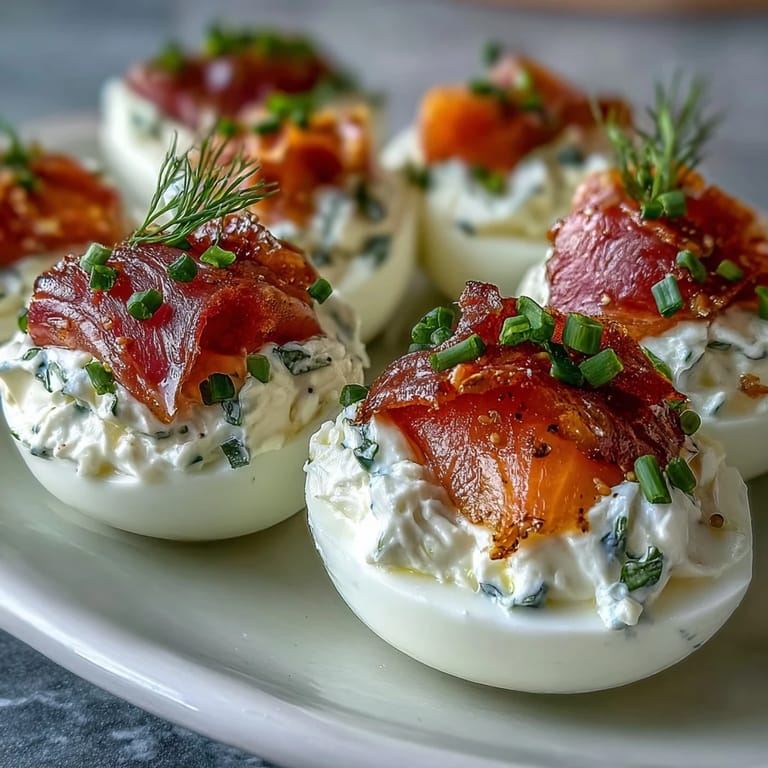 Elegant deviled eggs with smoked salmon, lemon, and everything seasoning, served chilled as a gourmet snack.