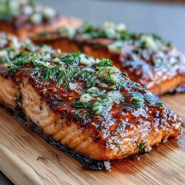 Smoky Cedar Plank Salmon with Garlic Dill, featuring tender fillets brushed with olive oil, garlic, and dill for a summer feast.
