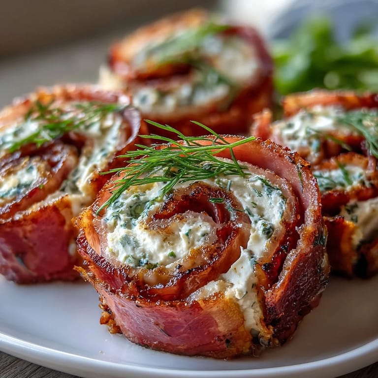 Smoky ham wraps creamy cheese and crisp dill pickles in bite-sized pinwheels, ideal for quick, gluten-free snacks.