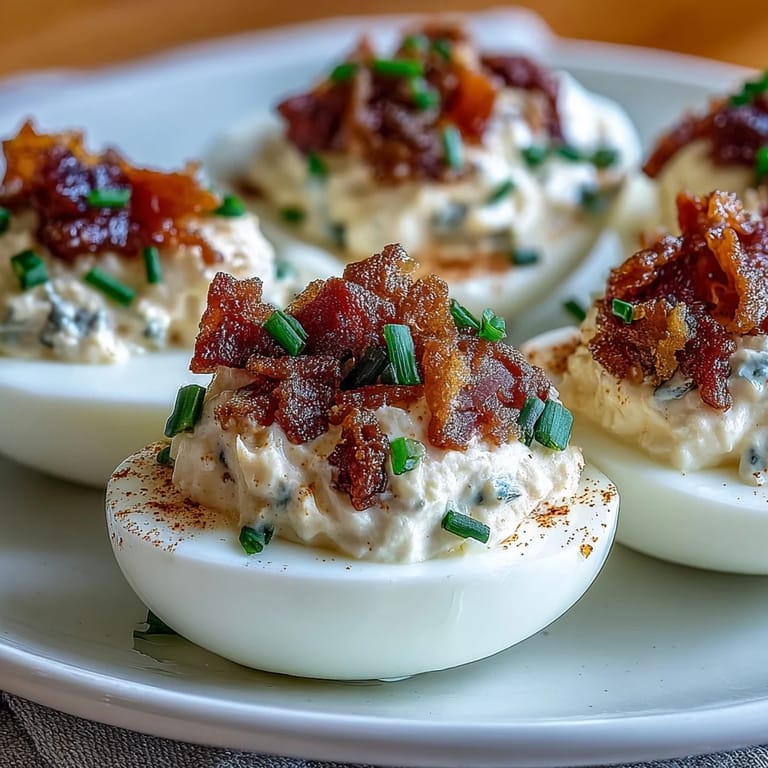 Deviled eggs filled with bacon and ranch dressing, topped with crumbled bacon and fresh chives.