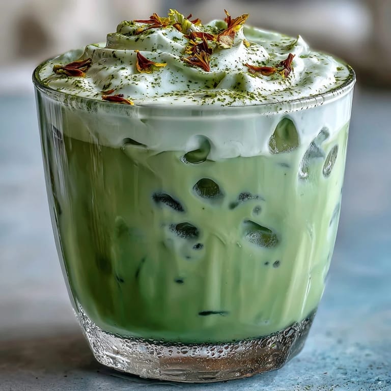 Elegant iced matcha latte with creamy vanilla cold foam for Mother's Day brunch.
