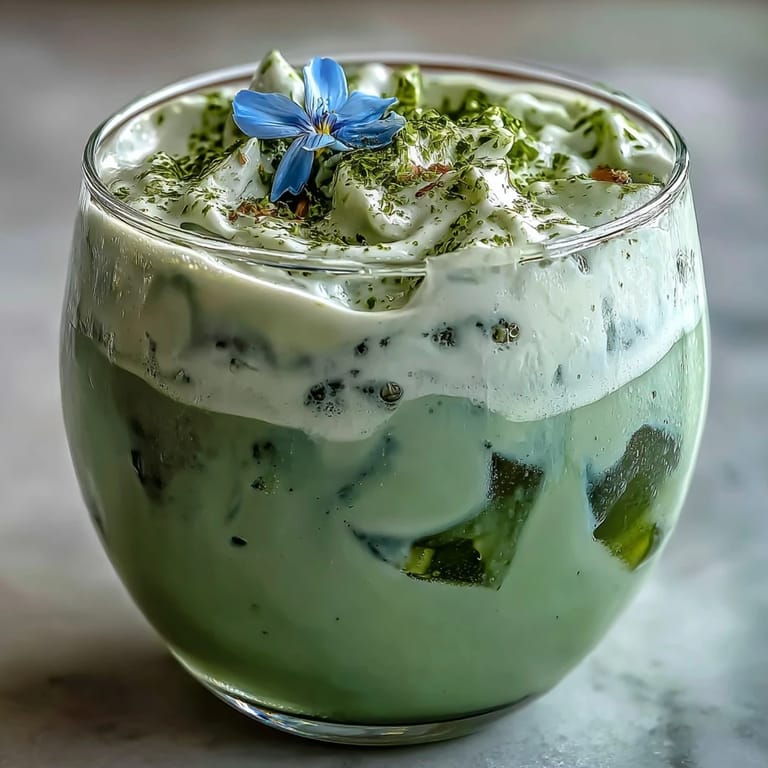 Refreshing Mother's Day Iced Matcha Latte, topped with airy vanilla foam.