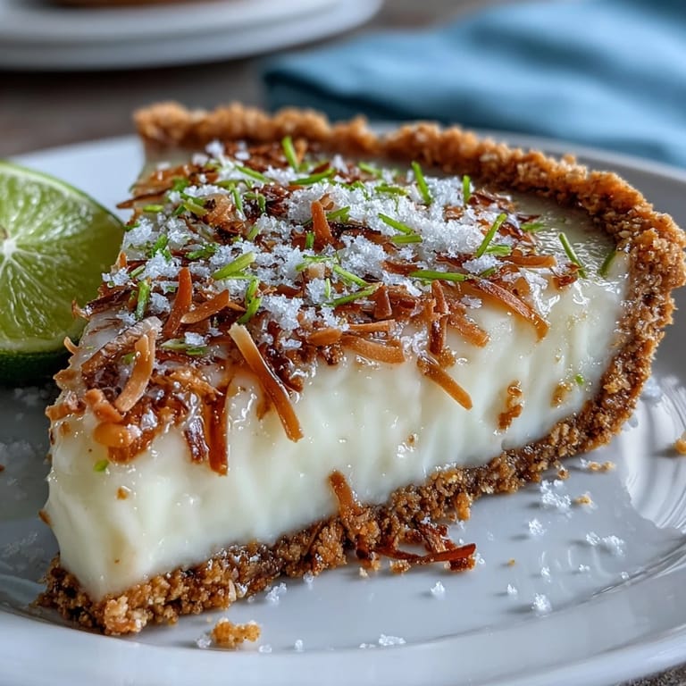 Sunny Coconut Lime Tart topped with whipped cream and toasted coconut flakes.