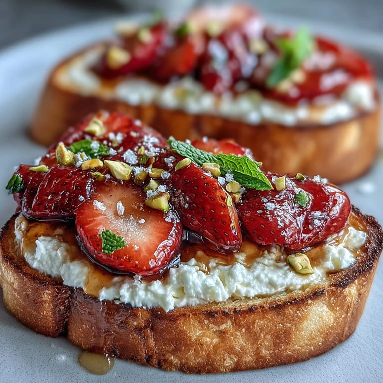 Vibrant strawberry honey ricotta toast with pistachios, a sweet and savory treat.