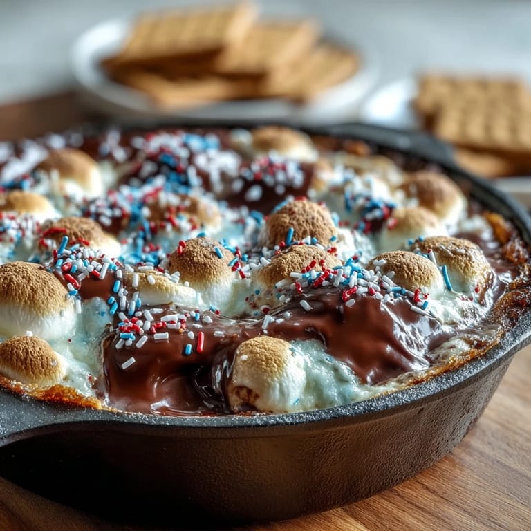 Golden browned fluffy marshmallows top melted chocolate in festive 4th of July S'mores Dip.