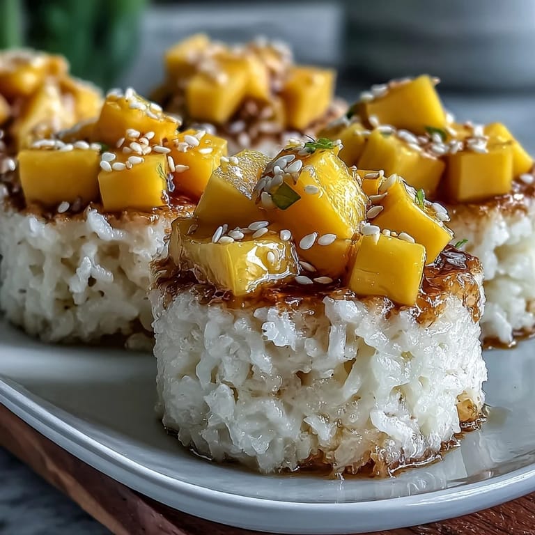 Individual Coconut Mango Sticky Rice Cups, showcasing fluffy rice and bright, juicy mango pieces.