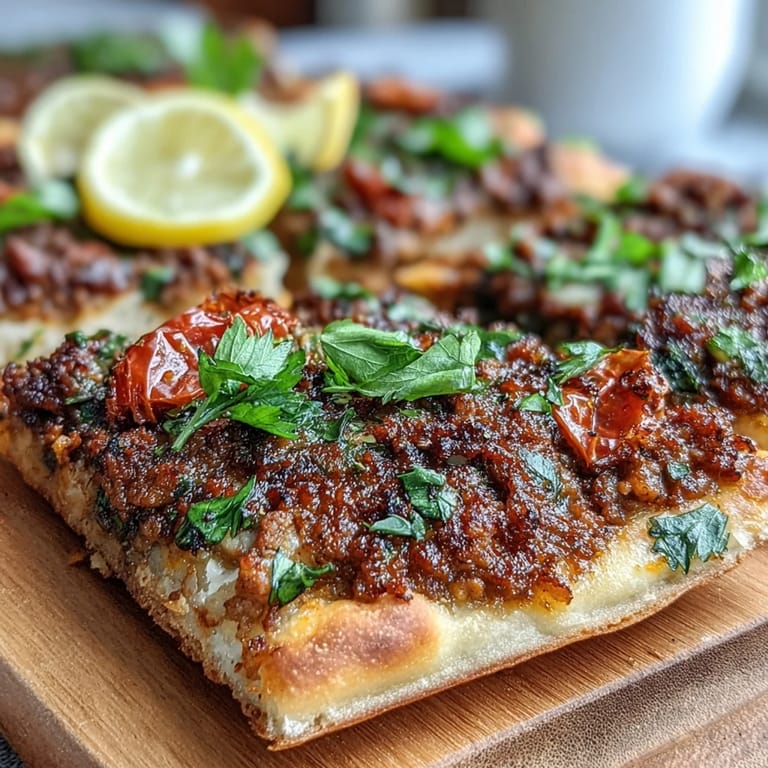 Crispy Turkish Lahmacun Pizza, ground lamb, sumac, and fresh herbs ready to serve.