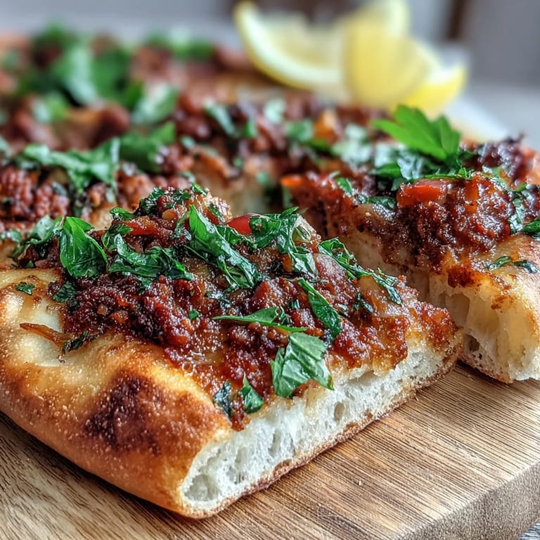 Enjoy this delicious Turkish Lahmacun Pizza, golden brown with spiced lamb topping.