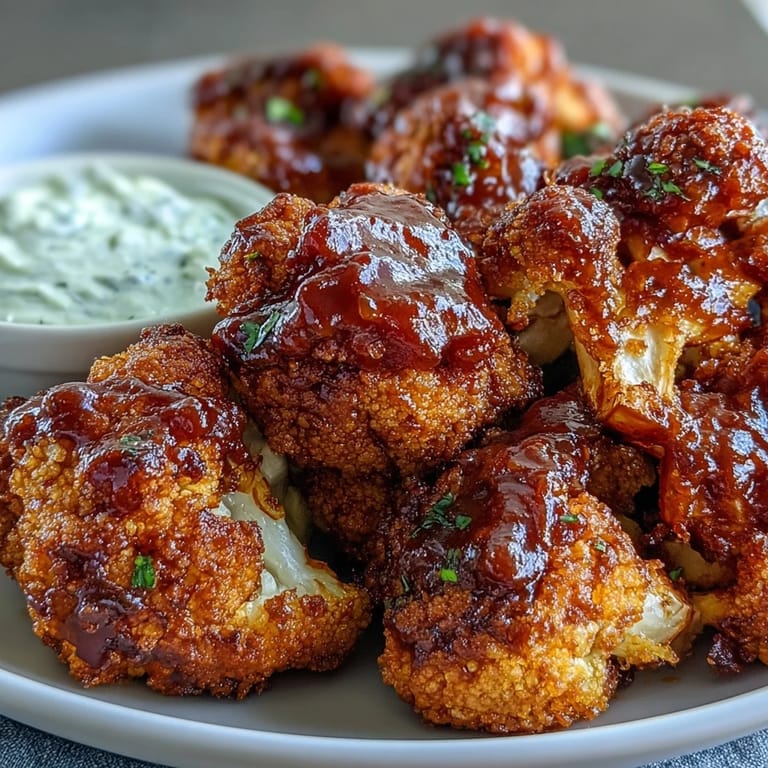 Smoky BBQ cauliflower wings ready for dipping in cool ranch.