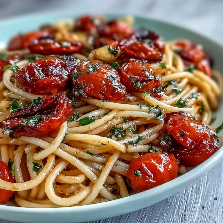 A luscious bowl of cherry tomato confit pasta with fragrant garlic oil and fresh basil.