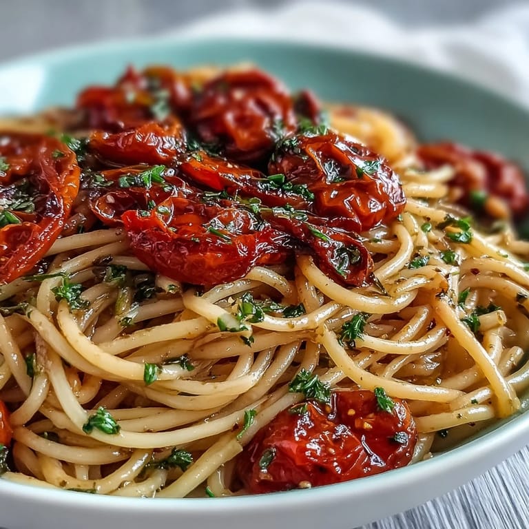 Summery cherry tomato confit pasta, ready to be enjoyed with your favorite cheese topping.