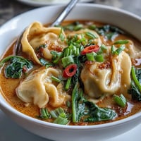 Steaming bowls of Red Curry Wonton Soup With Greens, featuring plump wontons floating in a creamy, fragrant red curry broth.  