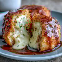 Golden-brown Chīzu Imomochi dumplings glazed in a shiny soy-honey sauce, served warm with a sprinkle of sesame seeds and sliced scallions.