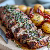 Sliced marinated Ibérico pork fillet rests beside golden roast potatoes and tender red peppers on a rustic plate, drizzled with pan juices.