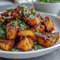 Golden-brown roasted celeriac cubes simmer in a creamy coconut curry sauce, topped with fresh cilantro and lime wedges.