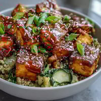 Fluffy quinoa topped with crispy tofu and colorful stir-fried vegetables, all coated in glossy teriyaki sauce for this wholesome Quinoa Vegetable Teriyaki Bowl.