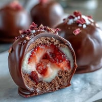 Dubai-style strawberry truffles with dark chocolate shell, elegantly coated and garnished with pistachios and rose petals.