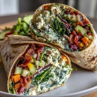 A vibrant, colorful wrap filled with crisp rainbow vegetables and creamy hummus, perfect for a healthy lunch on the go.
