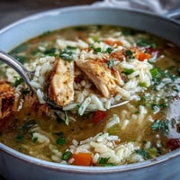 Easy Chicken and Rice Soup in a steaming bowl with tender chicken, fluffy rice, and vibrant carrots, garnished with fresh parsley.
