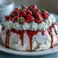 Strawberry Pavlova with Whipped Cream: A crisp meringue shell topped with fluffy whipped cream and juicy fresh strawberries.