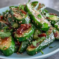 Crisp Asian cucumber salad with sesame and rice vinegar dressing, topped with toasted sesame seeds and fresh cilantro.