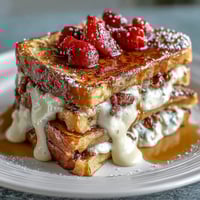 A golden pancake casserole baked with juicy berries and creamy custard, perfect for a cozy Mothers Day brunch centerpiece.