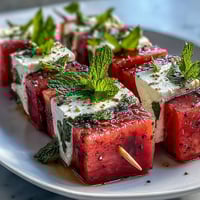 Watermelon Feta Mint Skewers with juicy fruit and creamy cheese, drizzled with olive oil and balsamic glaze.  