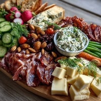 Spring charcuterie board with radishes, peas, and herb dip, arranged on a rustic wooden platter with colorful vegetables and cured meats.