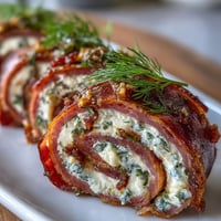 Ham, cream cheese, and pickle pinwheels served on a platter, offering a tangy, savory appetizer perfect for parties.