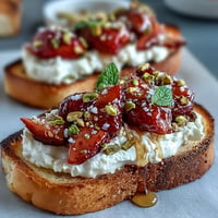 Creamy strawberry honey ricotta toast with crunchy pistachios, a delightful breakfast bite.