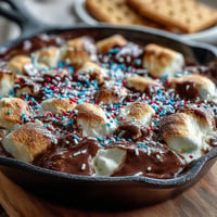 Gooey 4th of July S'mores Dip bubbling in a cast iron skillet, ready for graham crackers.
