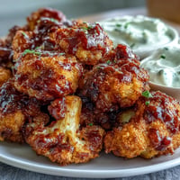 Crispy vegan BBQ cauliflower wings appetizer with creamy ranch dip.