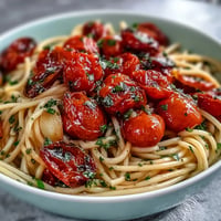 Cherry tomato confit pasta with garlic oil, boasting glossy noodles and sweet roasted tomatoes bursting with flavor.
